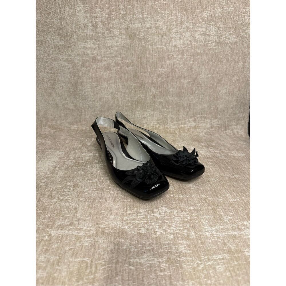 Arturo Chiang Women's Patent Leather Kitten Heel Slingback Shoes Black Size 7.5M